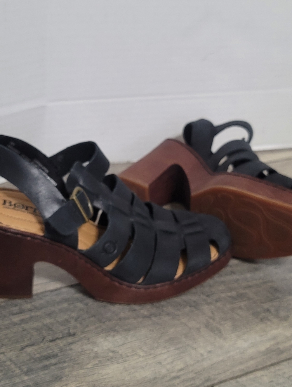 Born Hatley Black Leather Woven Slingback Chunky Heel Sandal Fisherman Style Sz8 - Picture 6 of 15